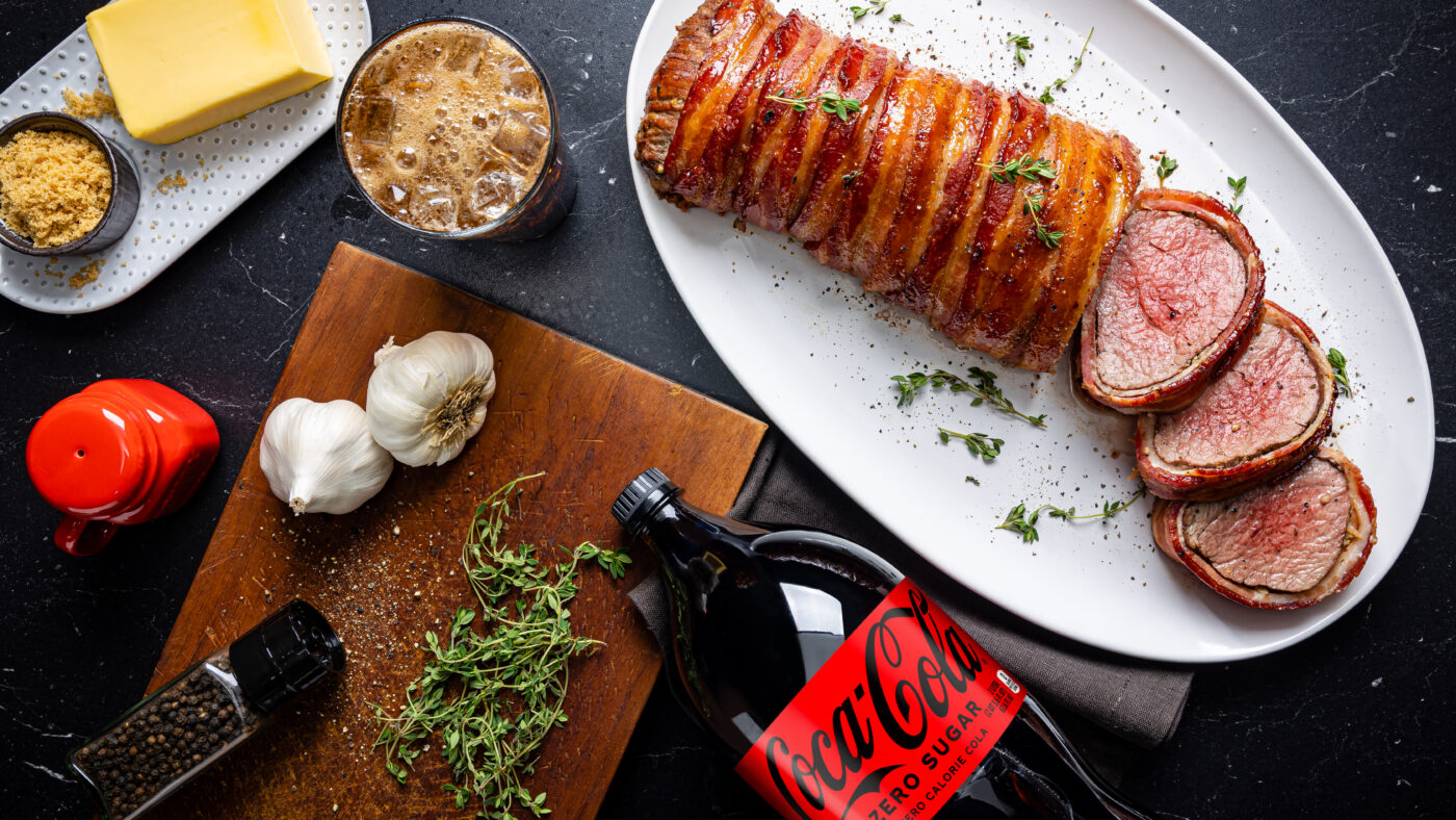 BaconWrapped GarlicThyme Beef Tenderloin Coca Cola